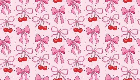 Cute seamless pattern featuring cherries and delicate bows in trendy coquet.. イラスト素材