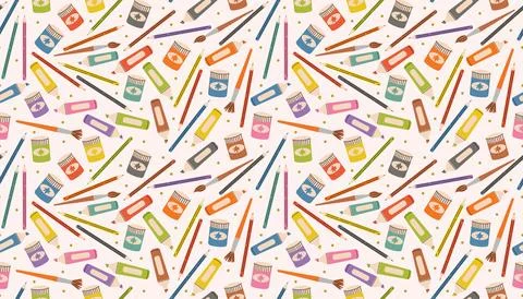 Cute seamless pattern featuring colorful art tools like crayons, brushes, pen 스톡 일러스트