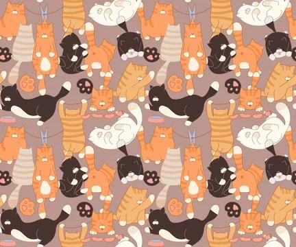 Cute seamless pattern featuring funny cartoon cats in playful poses, hanging  Stock Illustration