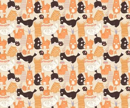 Cute seamless pattern featuring playful cartoon cats in funny poses. This c.. Stock Illustration