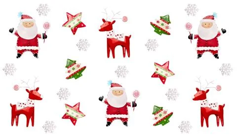 Cute seamless pattern featuring Santa, reindeer, trees, stars, and snowflak.. Stock Photos