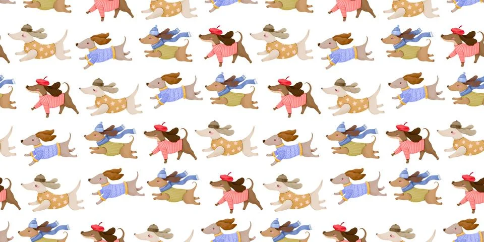 Cute seamless pattern filled with various watercolor dachshund dogs dressed.. Stock Illustration