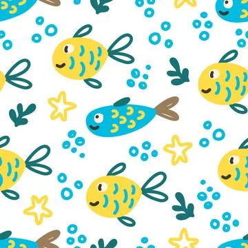 Cute seamless pattern with fish bubbles and sea elements Stock Illustration