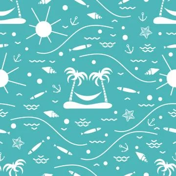 Cute seamless pattern with fish, island with palm trees and a hammock, anchor Stock Illustration