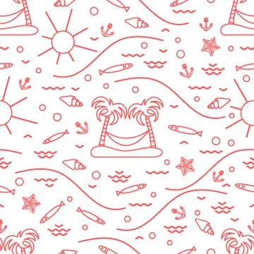 Cute seamless pattern with fish, island with palm trees and a hammock, anchor Stock Illustration