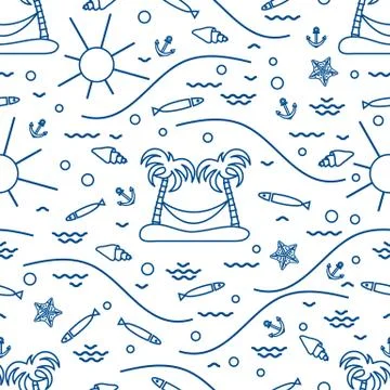 Cute seamless pattern with fish, island with palm trees and a hammock, anchor Stock Illustration