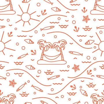 Cute seamless pattern with fish, island with palm trees and a hammock, anchor Stock Illustration