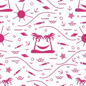 Cute seamless pattern with fish, island with palm trees and a hammock, anchor Stock Illustration
