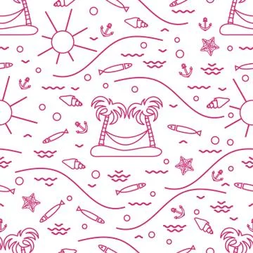 Cute seamless pattern with fish, island with palm trees and a hammock, anchor Stock Illustration