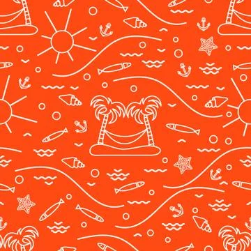 Cute seamless pattern with fish, island with palm trees and a hammock, anchor Stock Illustration