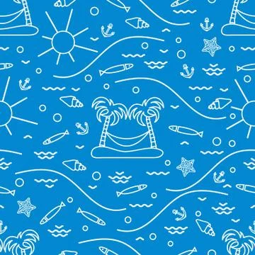 Cute seamless pattern with fish, island with palm trees and a hammock, anchor Stock Illustration