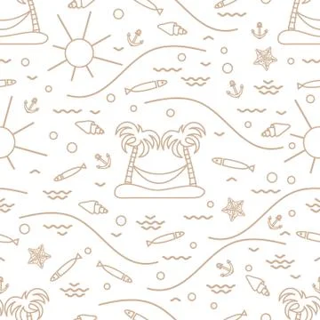 Cute seamless pattern with fish, island with palm trees and a hammock, anchor Stock Illustration