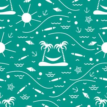 Cute seamless pattern with fish, island with palm trees and a hammock, anchor Stock Illustration