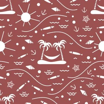 Cute seamless pattern with fish, island with palm trees and a hammock, anchor Stock Illustration