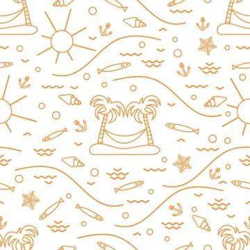 Cute seamless pattern with fish, island with palm trees and a hammock, anchor Stock Illustration