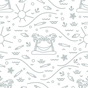 Cute seamless pattern with fish, island with palm trees and a hammock, anchor Stock Illustration
