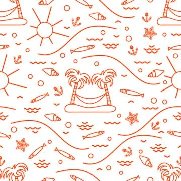 Cute seamless pattern with fish, island with palm trees and a hammock, anchor Stock Illustration
