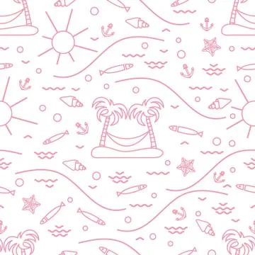 Cute seamless pattern with fish, island with palm trees and a hammock, anchor Stock Illustration