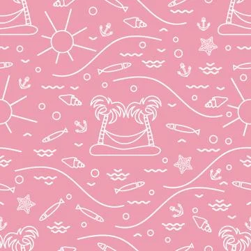 Cute seamless pattern with fish, island with palm trees and a hammock, anchor Stock Illustration