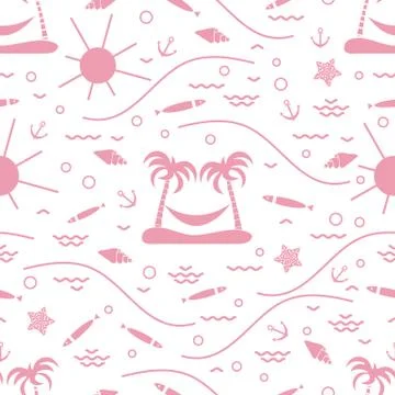 Cute seamless pattern with fish, island with palm trees and a hammock, anchor Stock Illustration