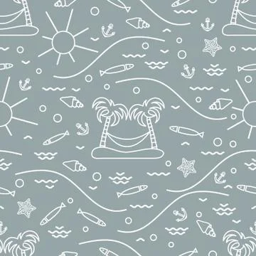 Cute seamless pattern with fish, island with palm trees and a hammock, anchor Stock Illustration