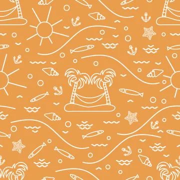 Cute seamless pattern with fish, island with palm trees and a hammock, anchor Stock Illustration