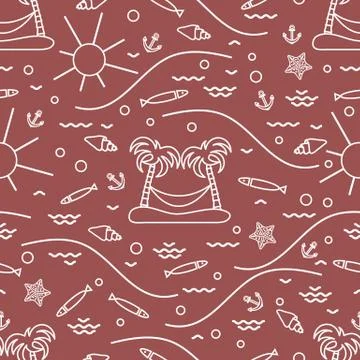 Cute seamless pattern with fish, island with palm trees and a hammock, anchor Stock Illustration
