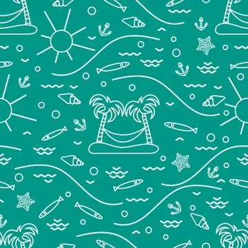 Cute seamless pattern with fish, island with palm trees and a hammock, anchor Stock Illustration