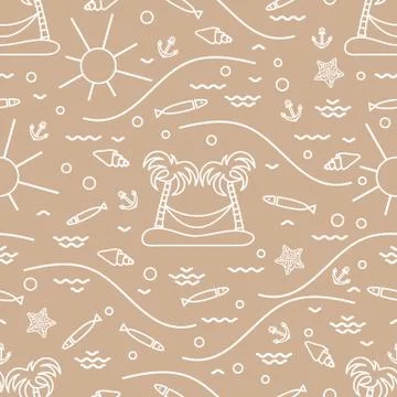 Cute seamless pattern with fish, island with palm trees and a hammock, anchor Stock Illustration