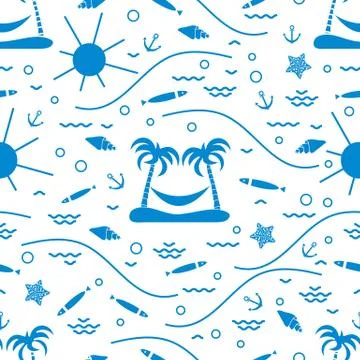 Cute seamless pattern with fish, island with palm trees and a hammock, anchor Stock Illustration