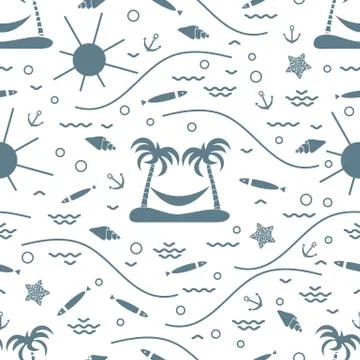 Cute seamless pattern with fish, island with palm trees and a hammock, anchor Stock Illustration