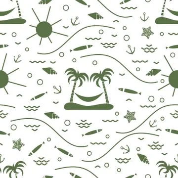 Cute seamless pattern with fish, island with palm trees and a hammock, anchor Stock Illustration