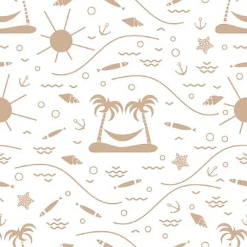 Cute seamless pattern with fish, island with palm trees and a hammock, anchor Stock Illustration