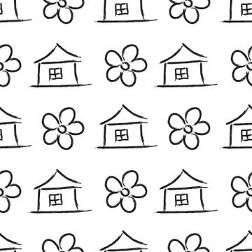 Cute seamless pattern with flower and house. Cartoon childrens hand drawing Stock Illustration