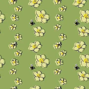 Cute seamless pattern with flowers and bees Stock Illustration