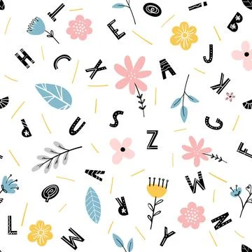 Cute seamless pattern with flowers and alphabet letters on white background, for Illustrazione stock