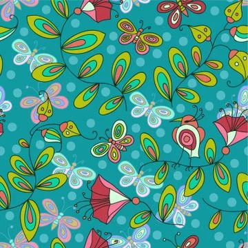 Cute seamless pattern with flowers birds and butterflies Stock Illustration