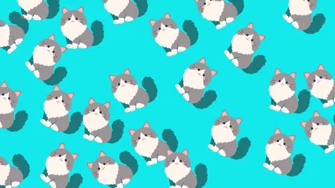 Cute Seamless Pattern with Fluffy Gray and White Cartoon Cats on Teal Background Stock Footage 345540016