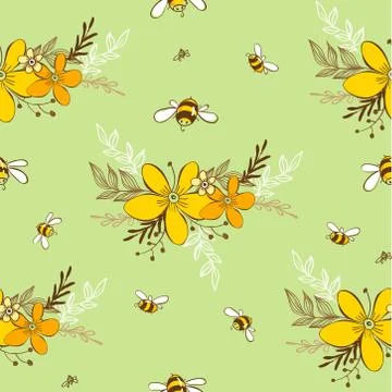 Cute seamless pattern with flying bees. Vector illustration EPS10. Stock Illustration