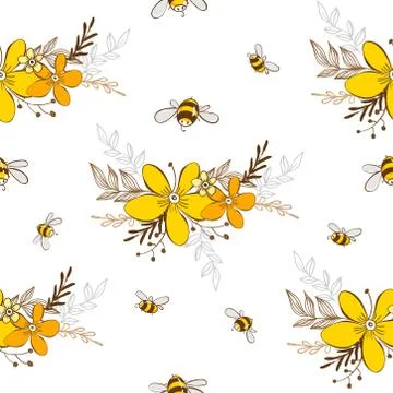 Cute seamless pattern with flying bees. Vector illustration EPS10. Stock Illustration