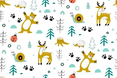 Cute seamless pattern with forest animals, with bear, deer, insects in the wood Stock Illustration