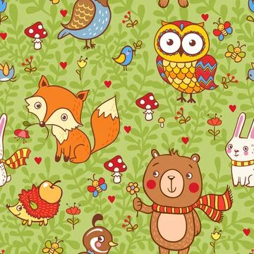 Cute seamless pattern with forest animals. Illustrazione stock