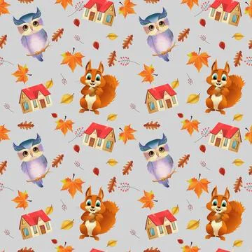 Cute seamless pattern with forest animals. Repeating image with cartoon anima Illustrazione stock