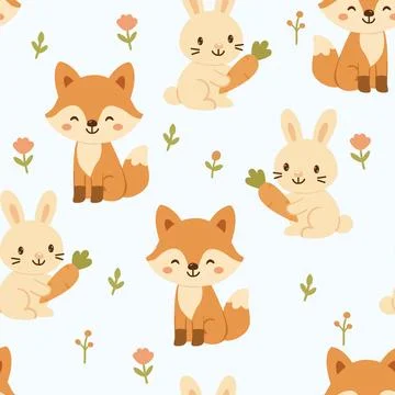 Cute seamless pattern with fox, bunny on white. Simple vector illustration for Illustrazione stock