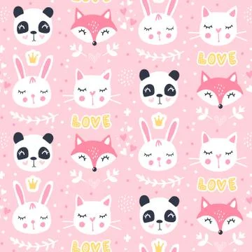 Cute seamless pattern with fox, panda, cat. Stock Illustration