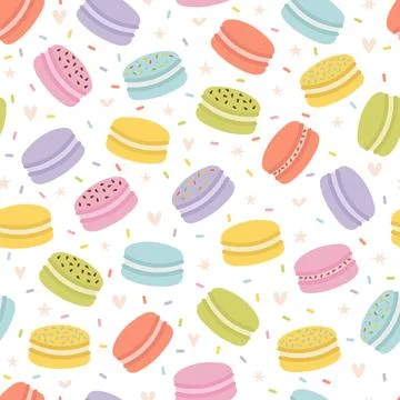 Cute seamless pattern with french macaroons. Hand drawn background with swe.. Stock Illustration