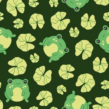 Cute seamless pattern with frogs and lily pads Illustrazione stock