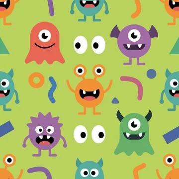 Cute seamless pattern with funky colorful monsters and aliens. Stock Illustration