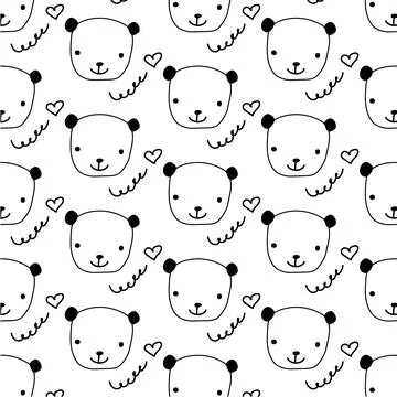 Cute seamless pattern with funny bear or panda. Hand drawn naive minimalistic Stock Illustration