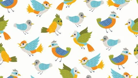 Cute seamless pattern with funny birds in random order in flat cartoon style. Ilustración de archivo